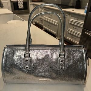 Brahmin Metallic Silver Barrel Satchel